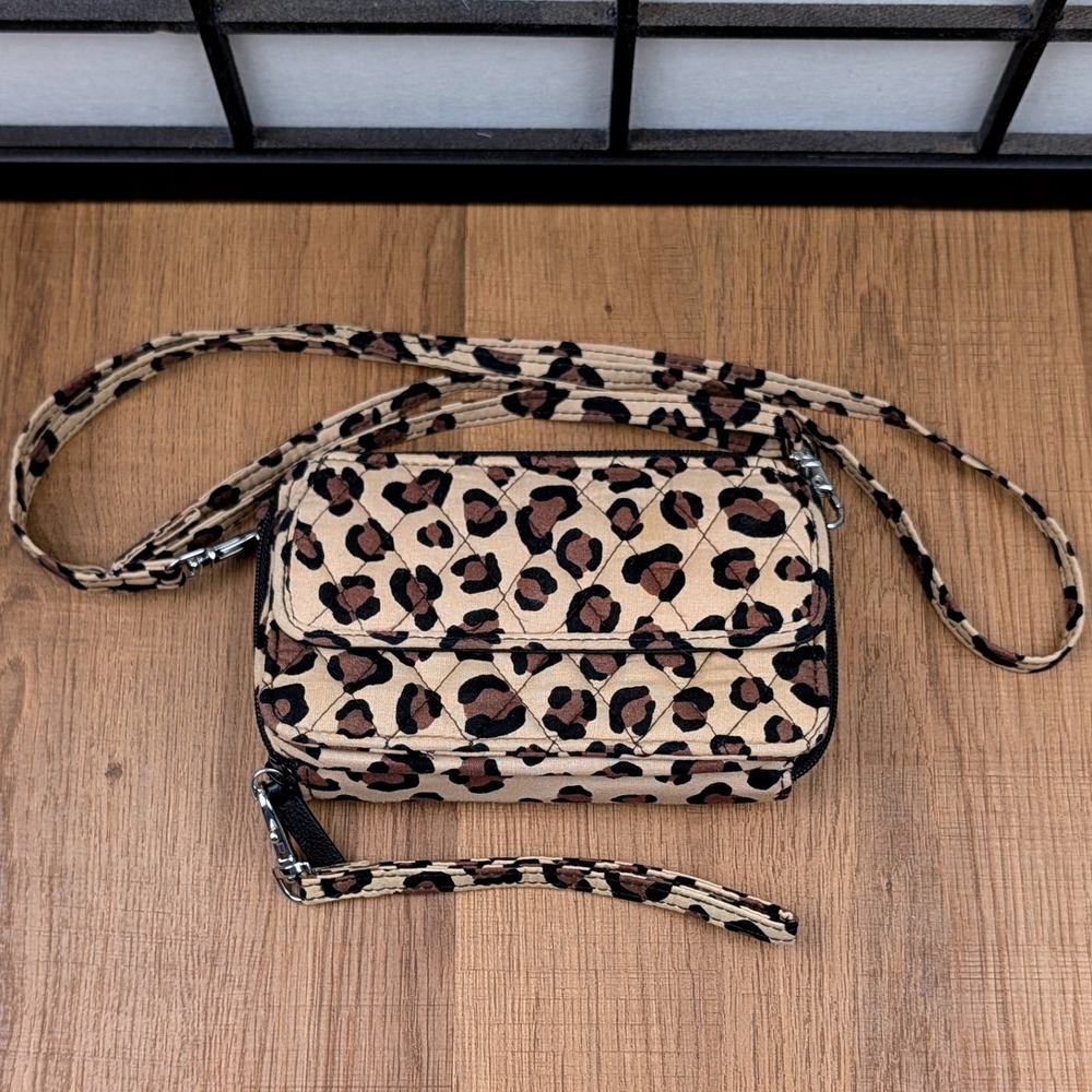 Vera Bradley Leopard Print Quilted All In One Crossbody Wallet Bag EUC